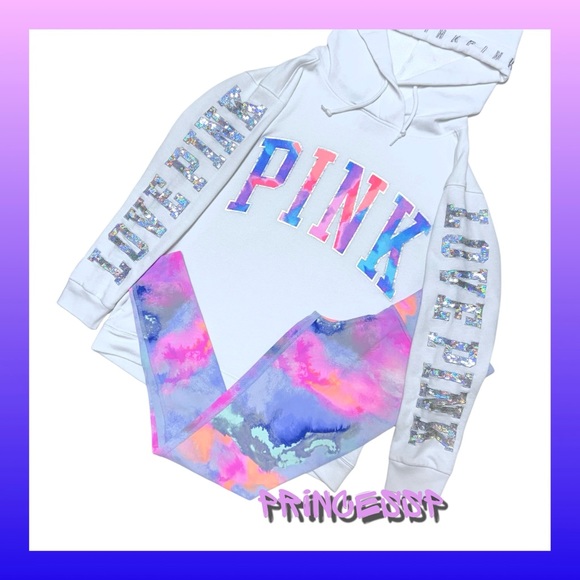 PINK VS WATERCOLOR BLING HOODIE AND LEGGINGS SET - Picture 2 of 9